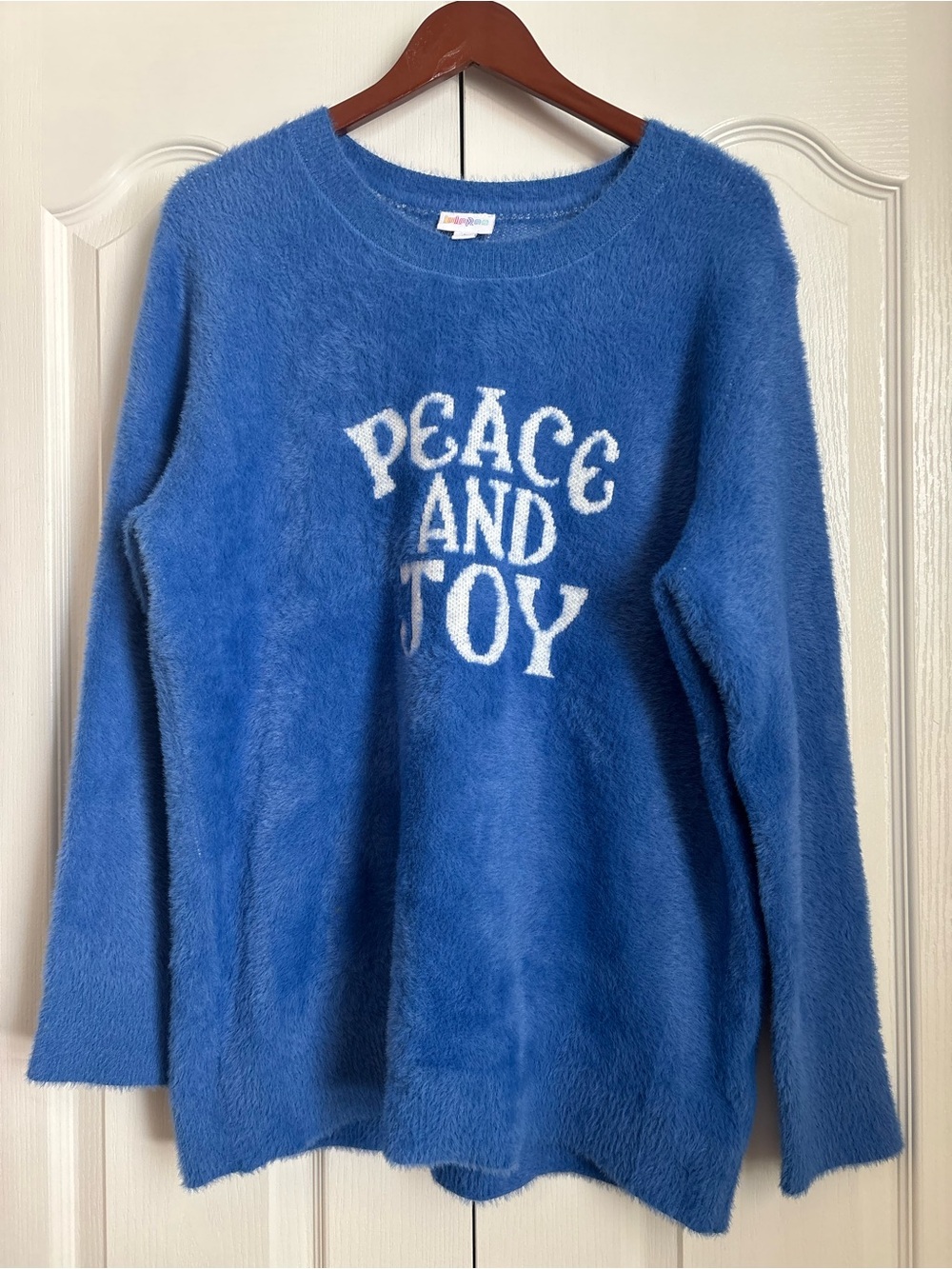 LuLaRoe Blue Fuzzy Crewneck Sweater with White 'Peace and Joy'